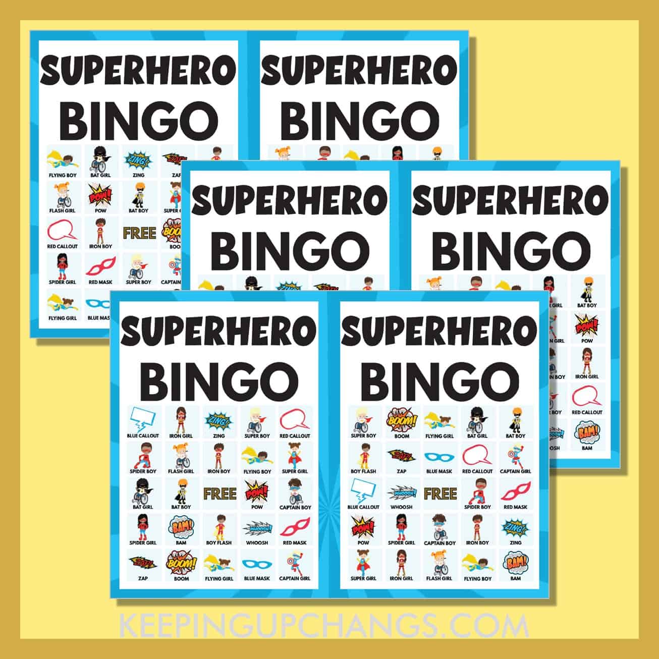 free superhero bingo 5x5 game cards.