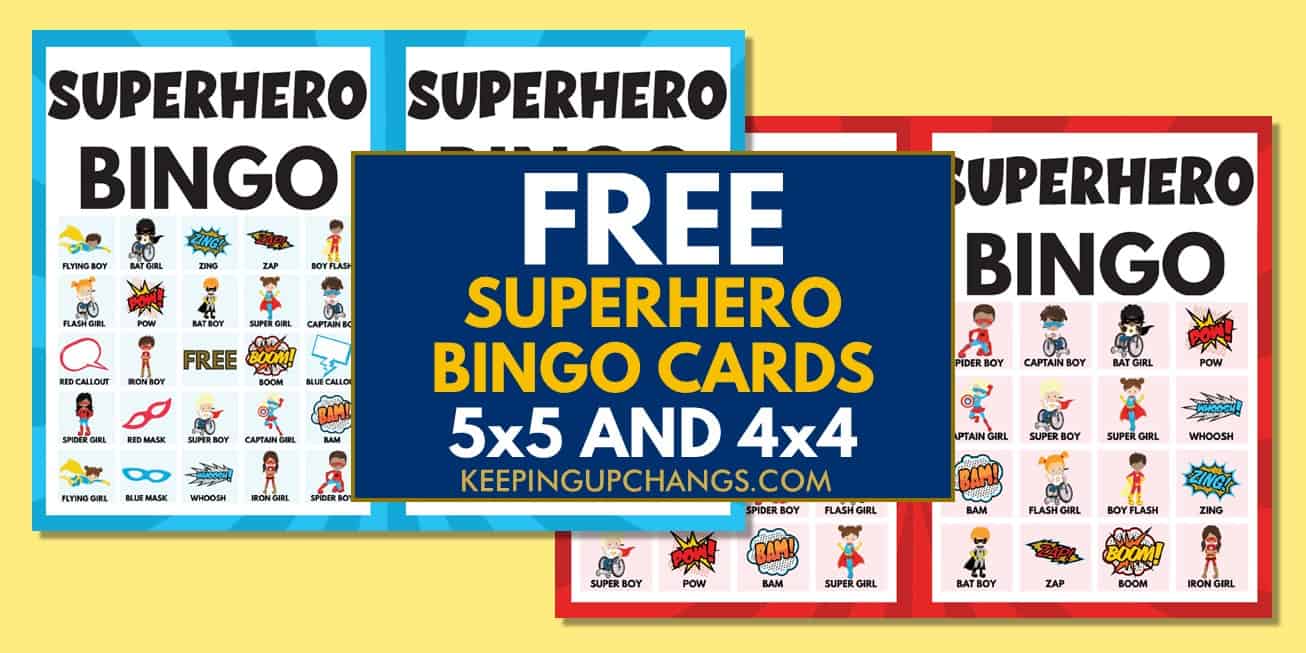 free superhero bingo cards 5x5 4x4 for birthday party, wedding, baby shower.