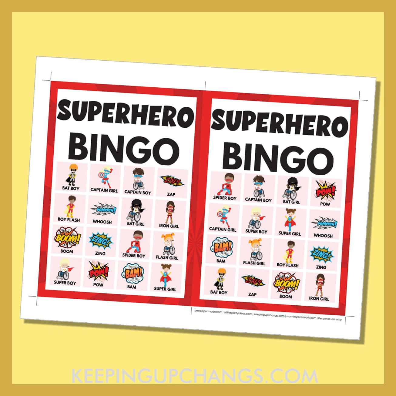 free superhero bingo card 4x4 5x7 game boards with images and text words.