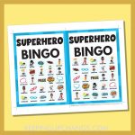 free superhero bingo card 5x5 5x7 game boards with images and text words.