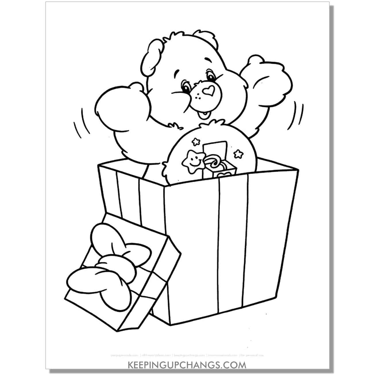 surprise care bear coloring page popping out of a present.