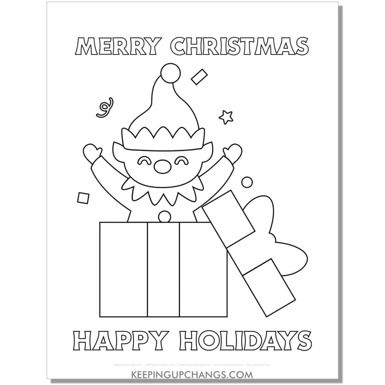 free merry christmas, happy holidays gift and elf coloring page for toddlers.