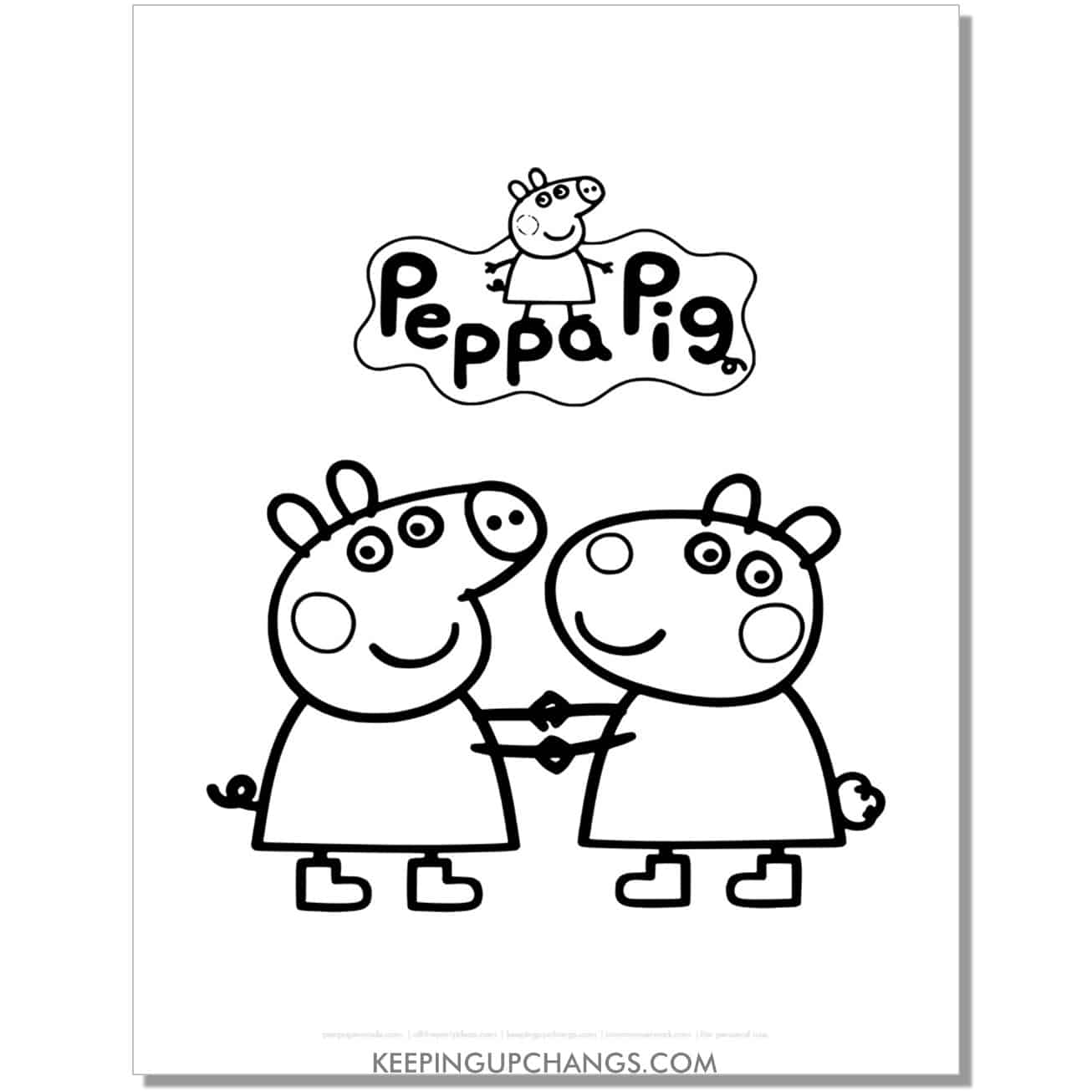 free suzy sheep and peppa pig holding hands coloring page, sheet.