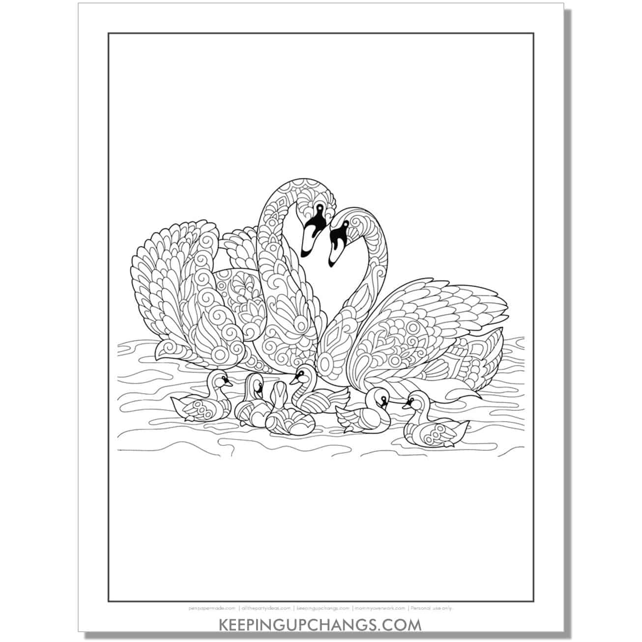 swan couple with family of baby swans coloring page.