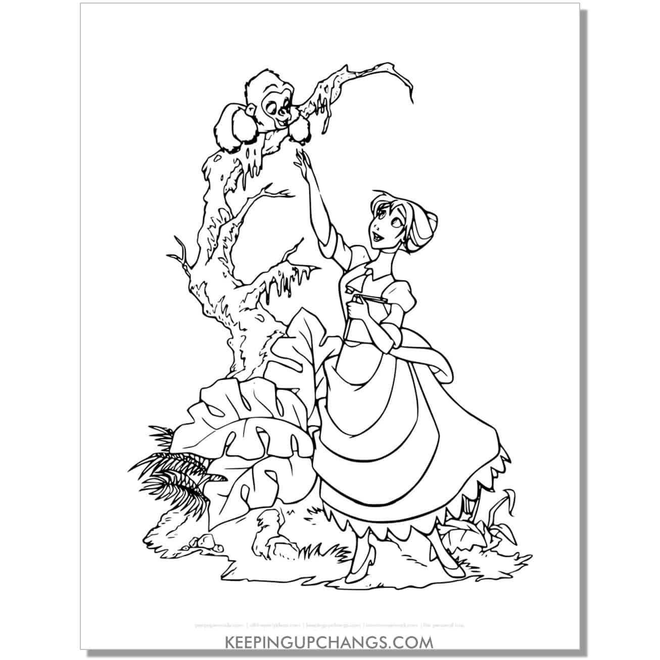 free jane porter with baby ape tarzan coloring page, sheet.