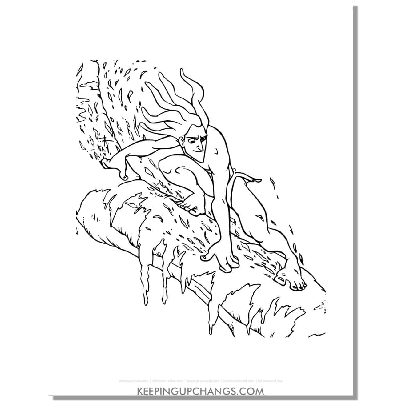free tarzan sliding on mossy log coloring page, sheet.