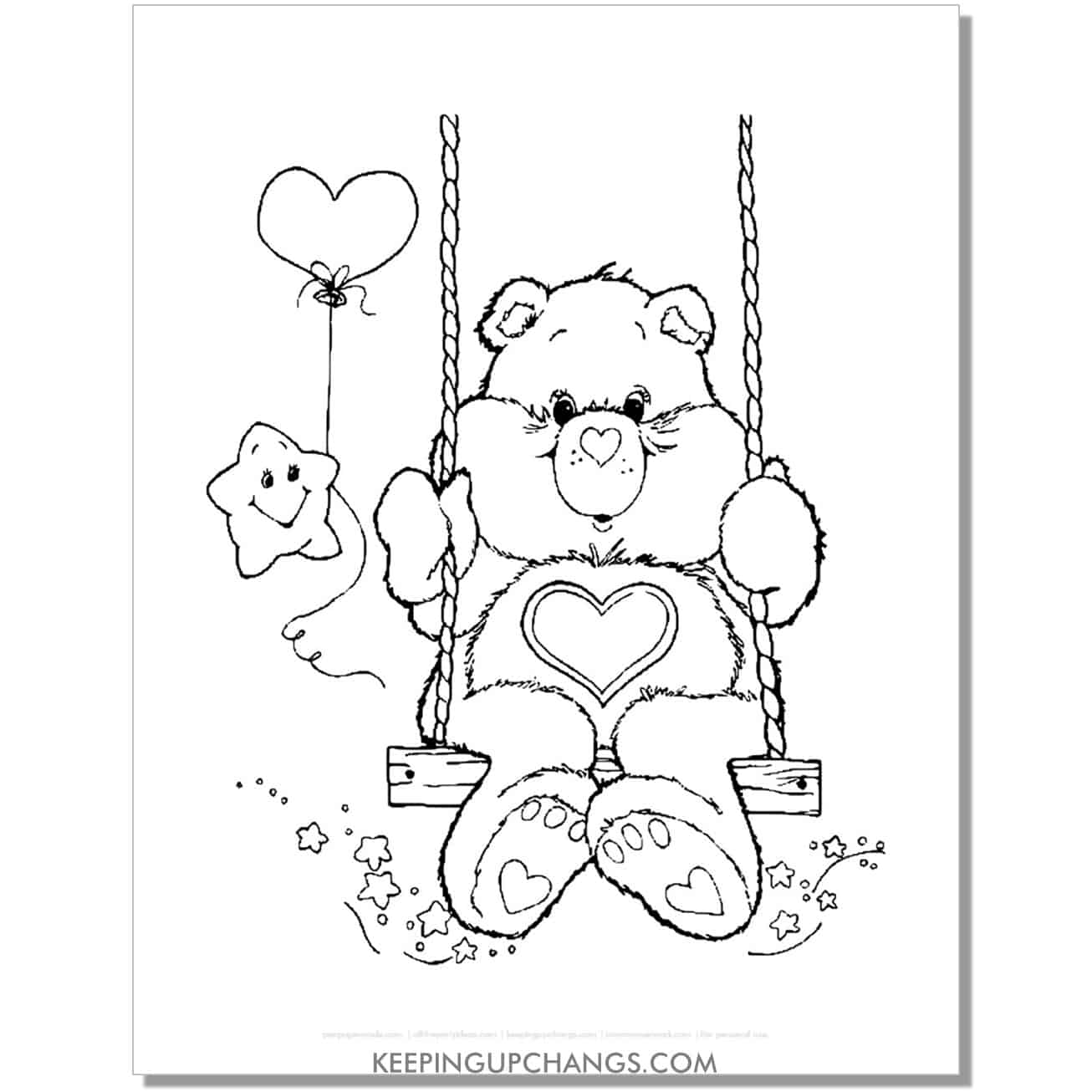 tenderheart bear on swing with heart balloon care bear coloring page, sheet.