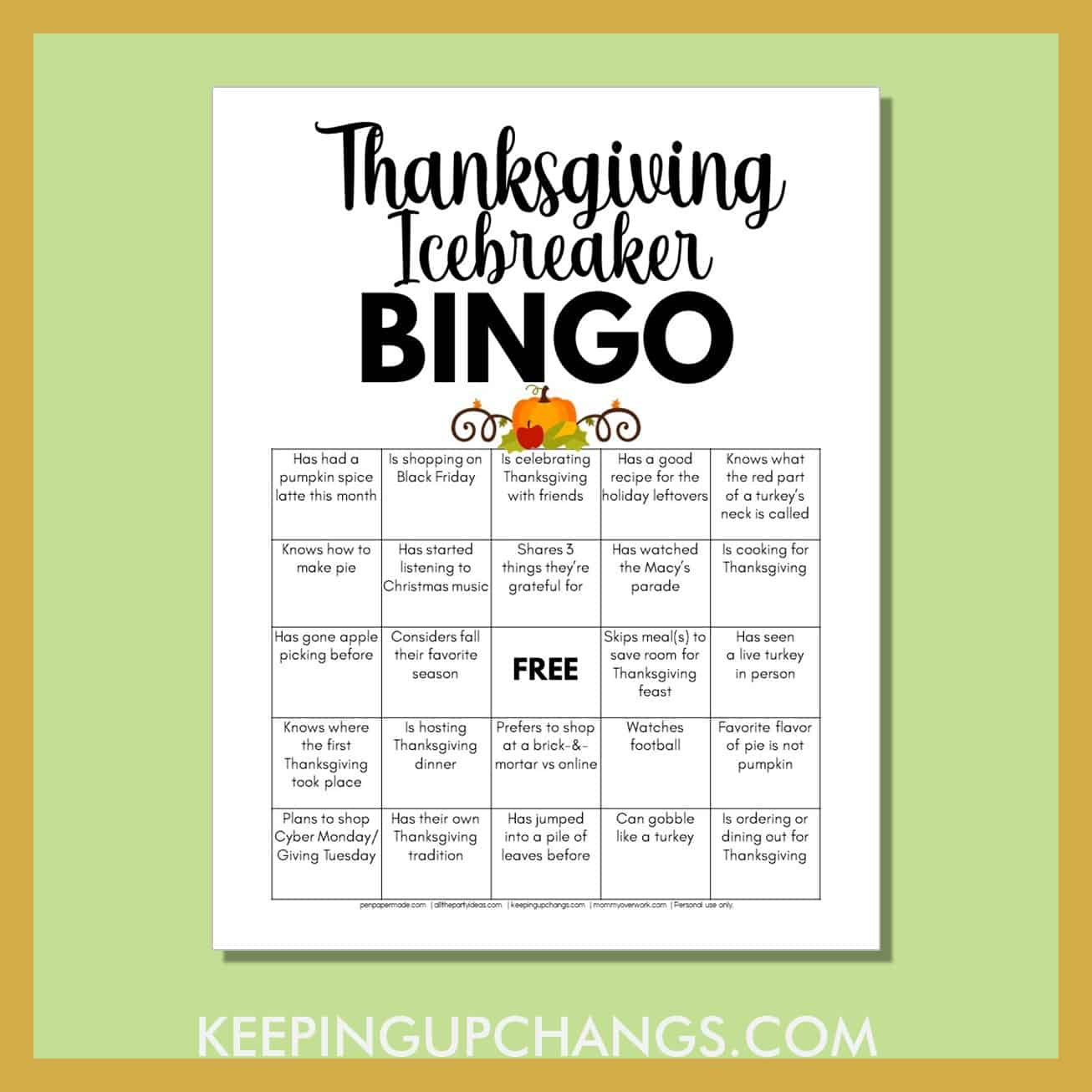 human fall thanksgiving icebreaker bingo with fun getting to know you facts about the family holiday.