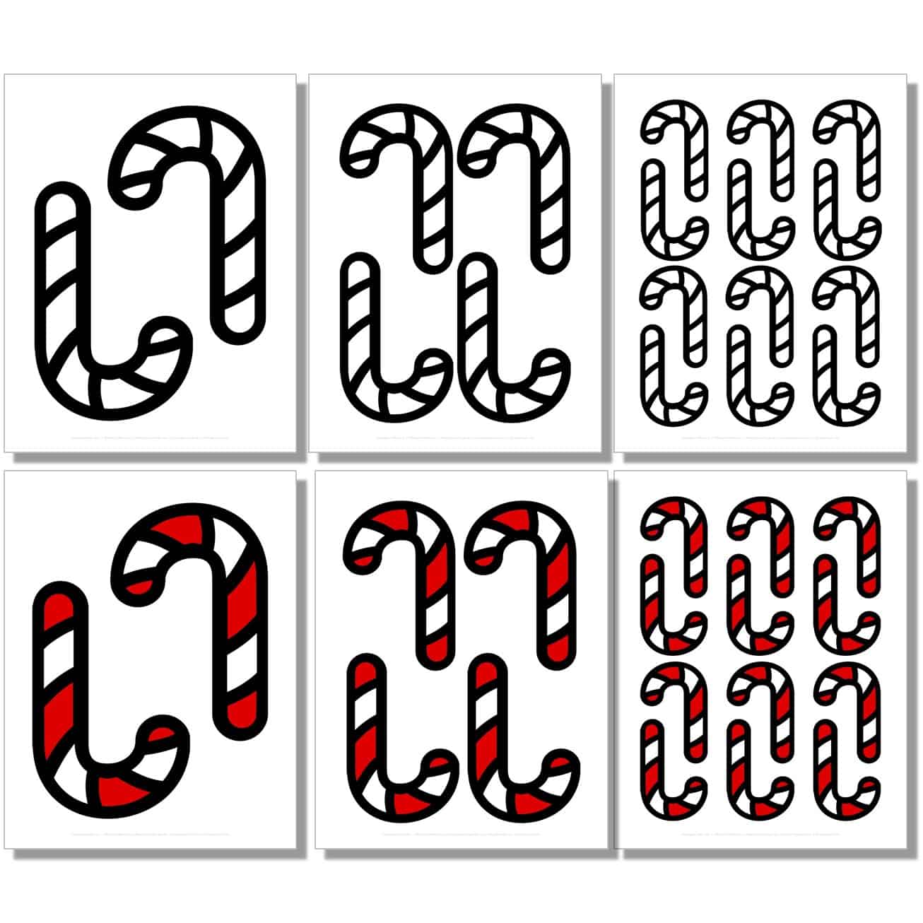 free small, medium, large short, thick candy cane template in black, white, color