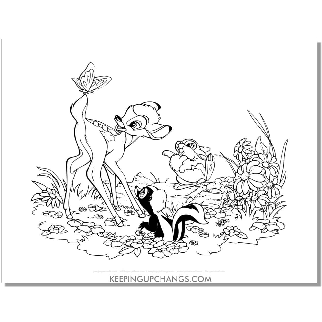 free bambi deer, flower skunk and thumper rabbit coloring page, sheet.