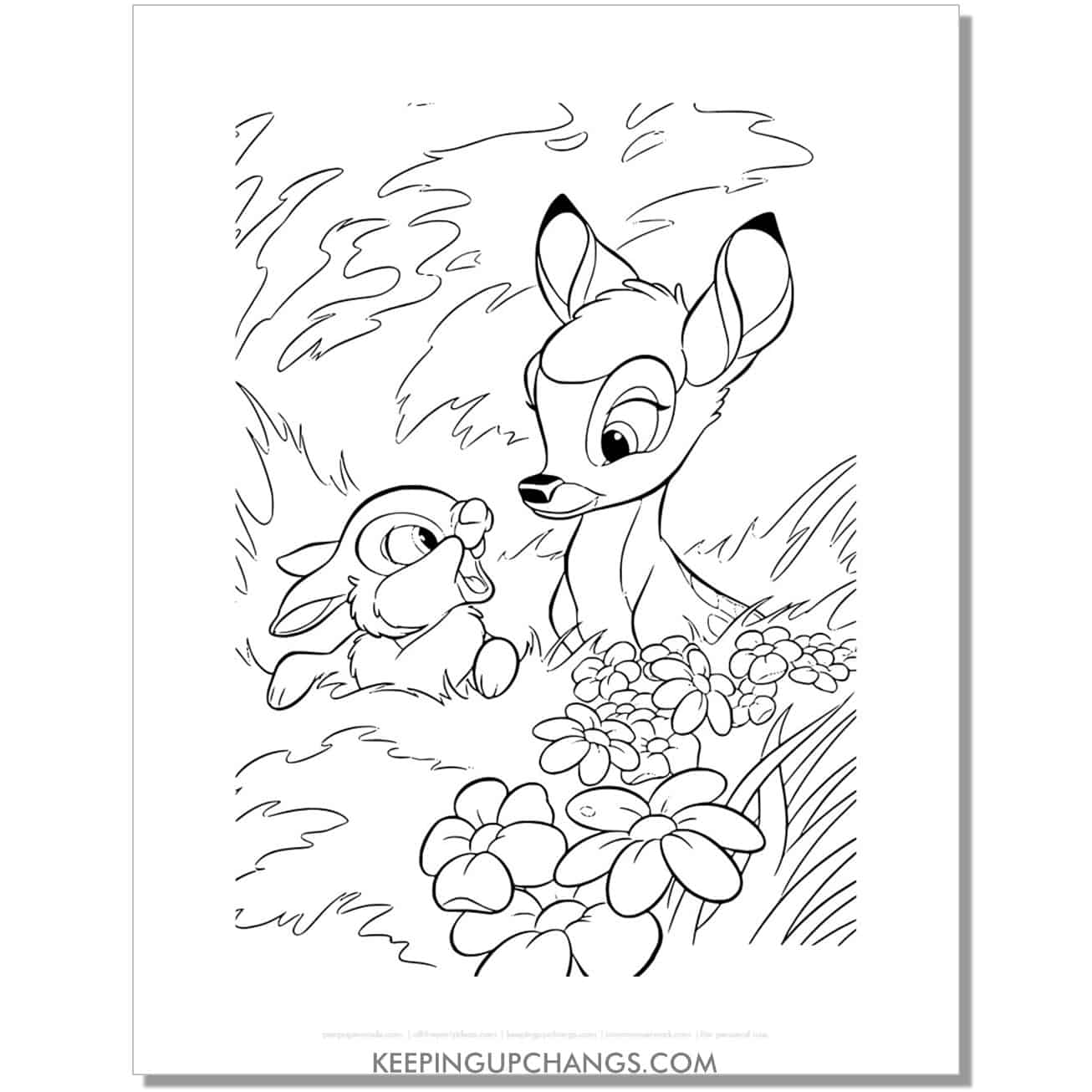 free thumper talking to bambi coloring page, sheet.