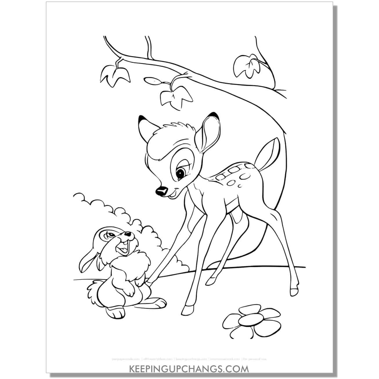 free thumper and bambi by a tree coloring page, sheet.