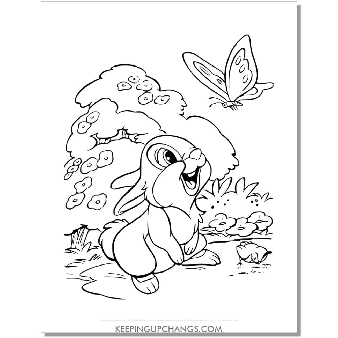 free thumper chasing butterfly bambi coloring page, sheet.