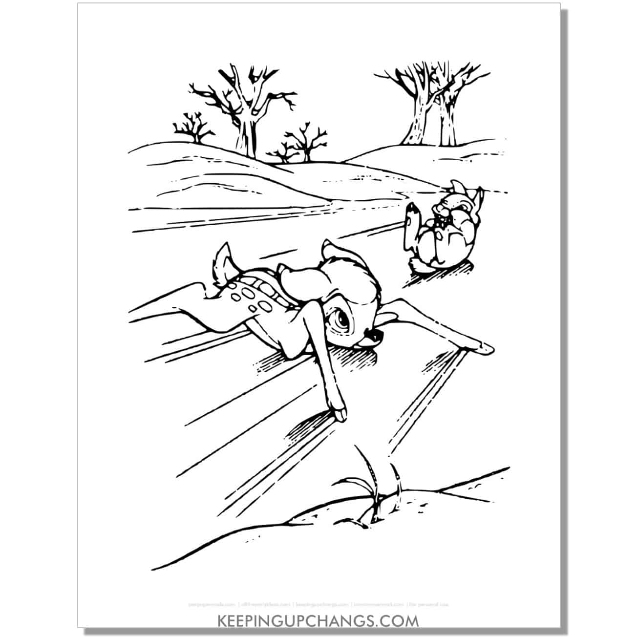 free thumper laughing at bambi on ice coloring page, sheet.
