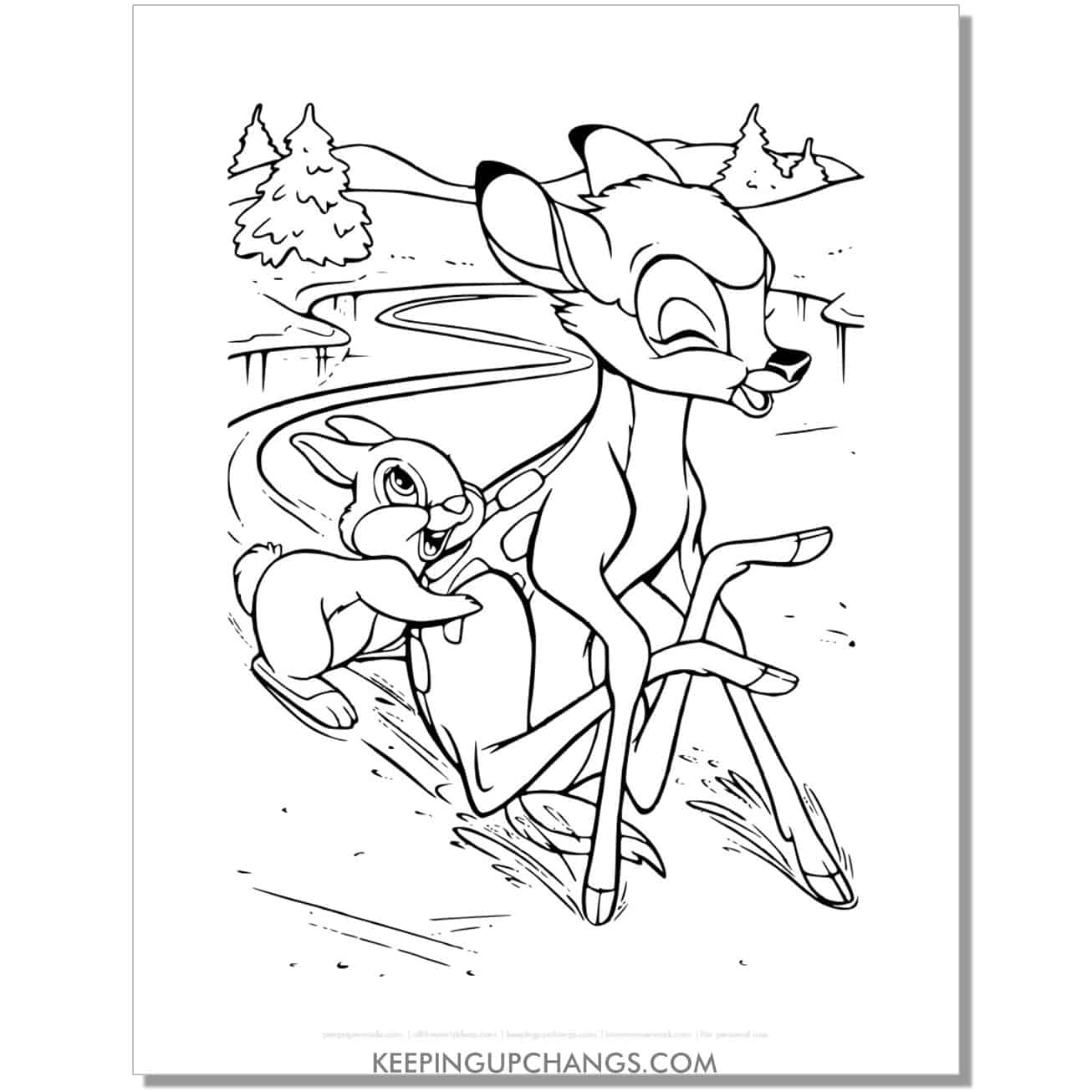 free thumper pushing bambi on the ice coloring page, sheet.