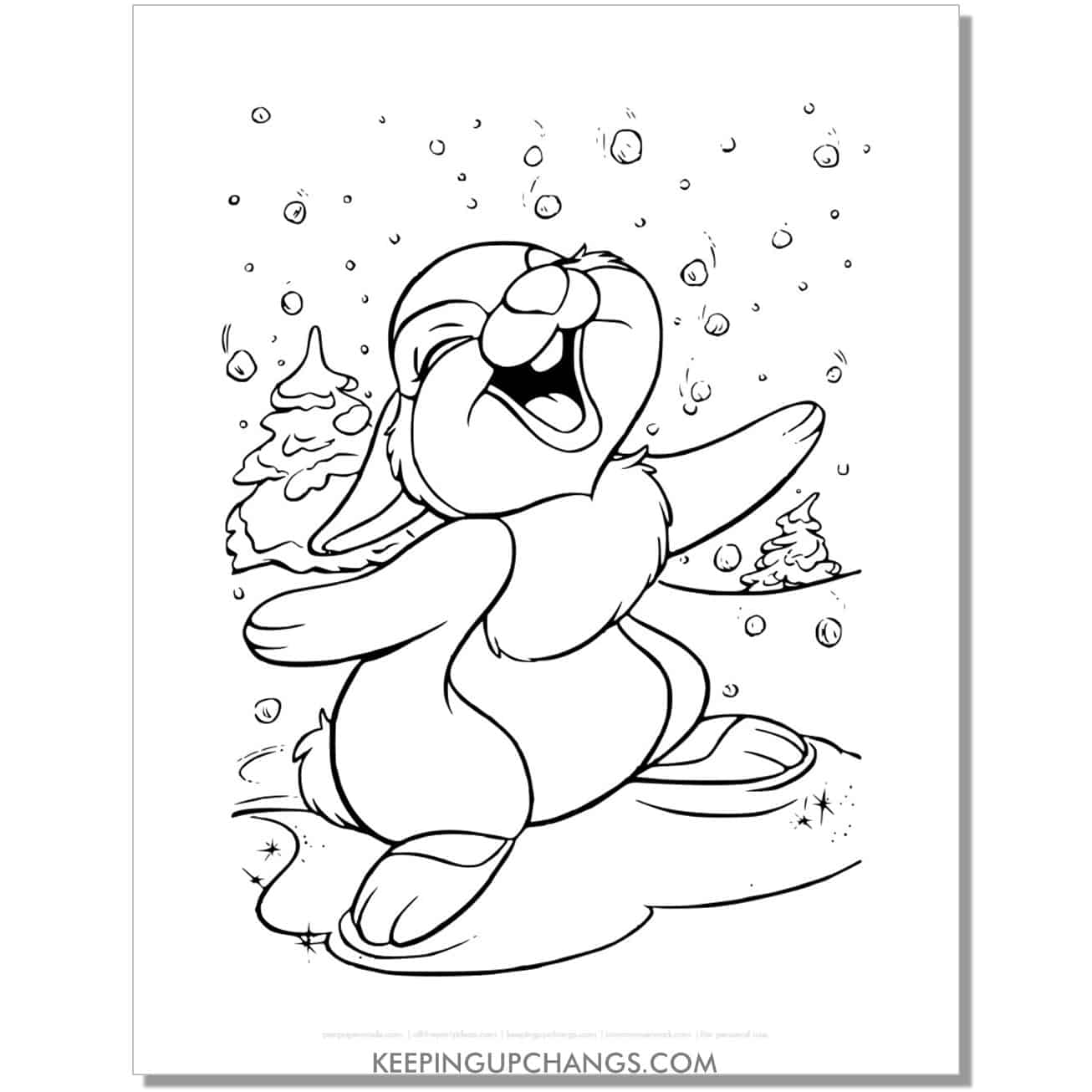 free thumper playing in the snow bambi coloring page, sheet.