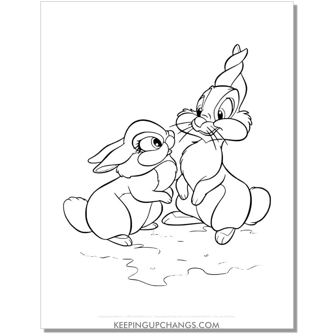 free miss bunny and thumper with ears twisted coloring page, sheet.