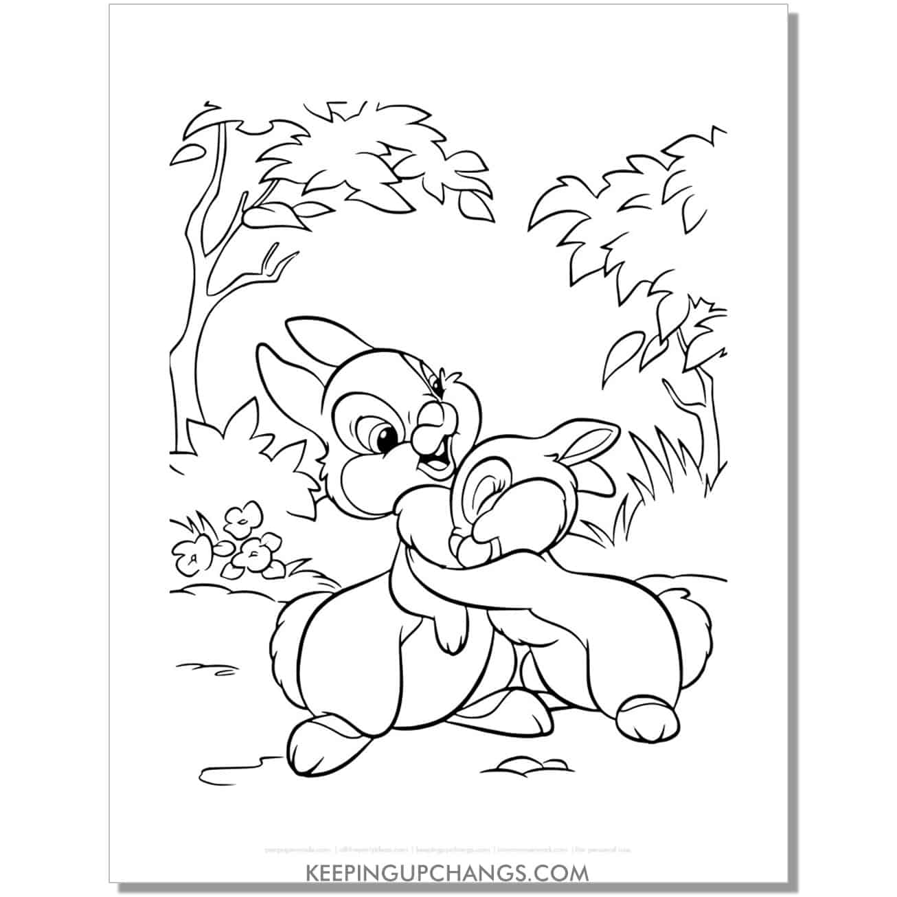 free miss bunny hugging thumper coloring page, sheet.