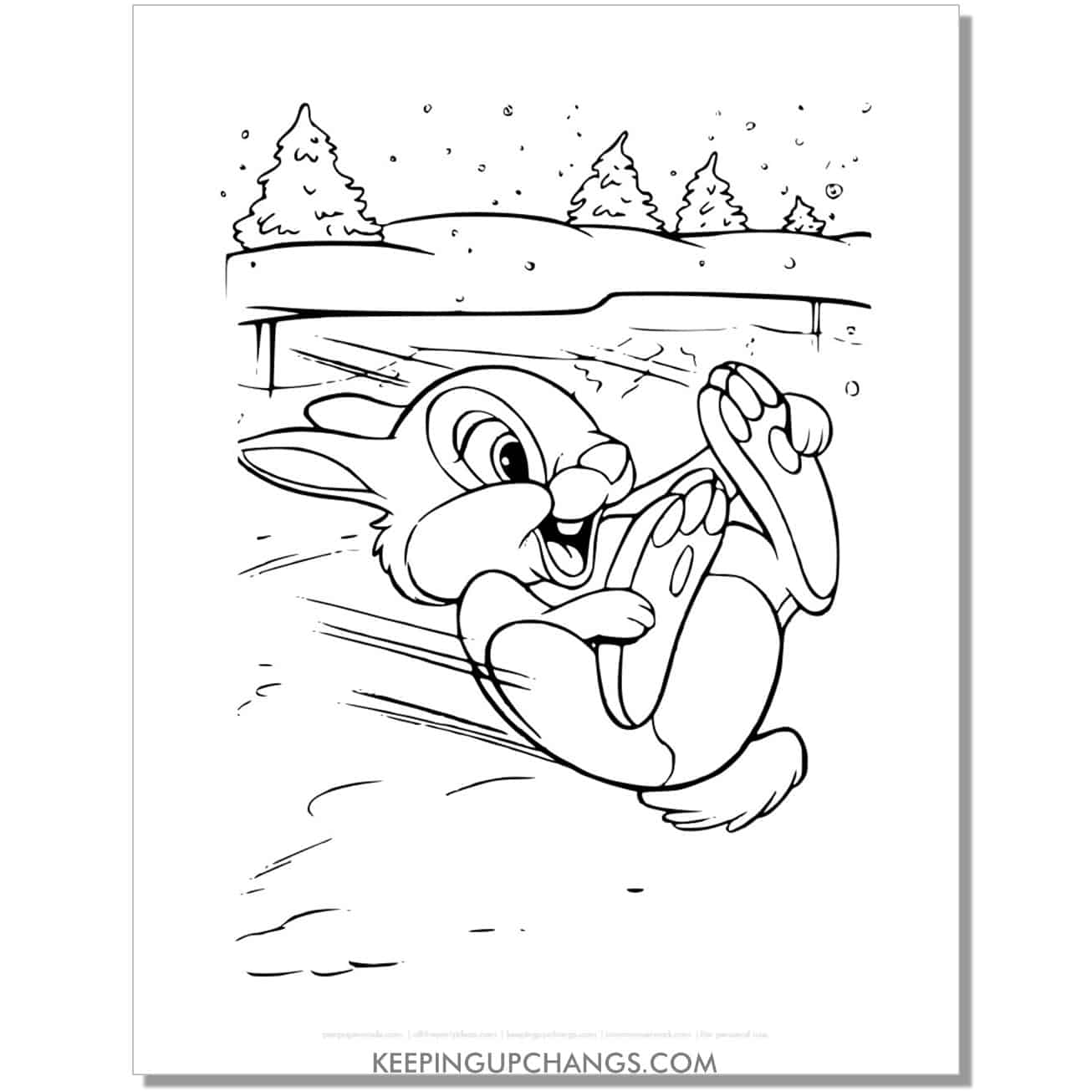 free thumper sliding on ice bambi coloring page, sheet.