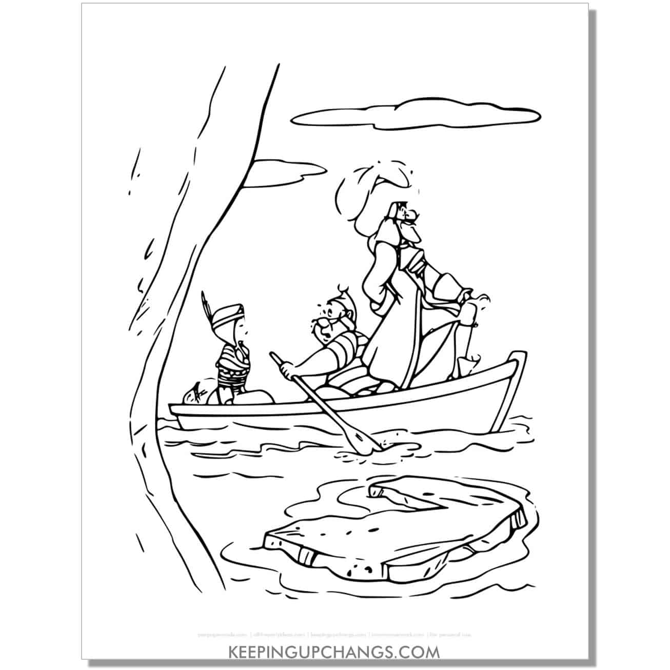 captain hook and mr smee take tiger lily by boat coloring page, sheet.