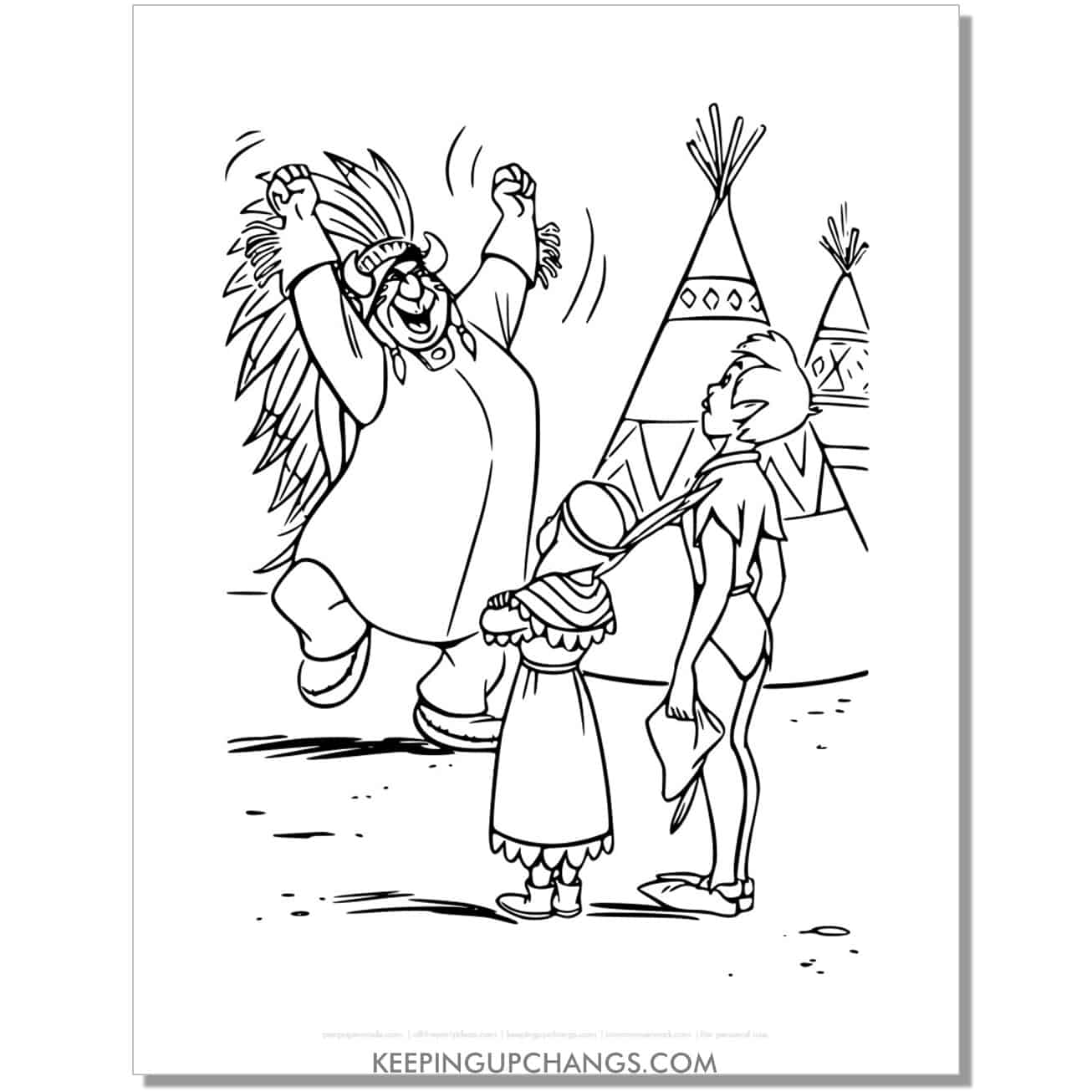 peter pan and tiger lily watch native american chief dance coloring page, sheet.