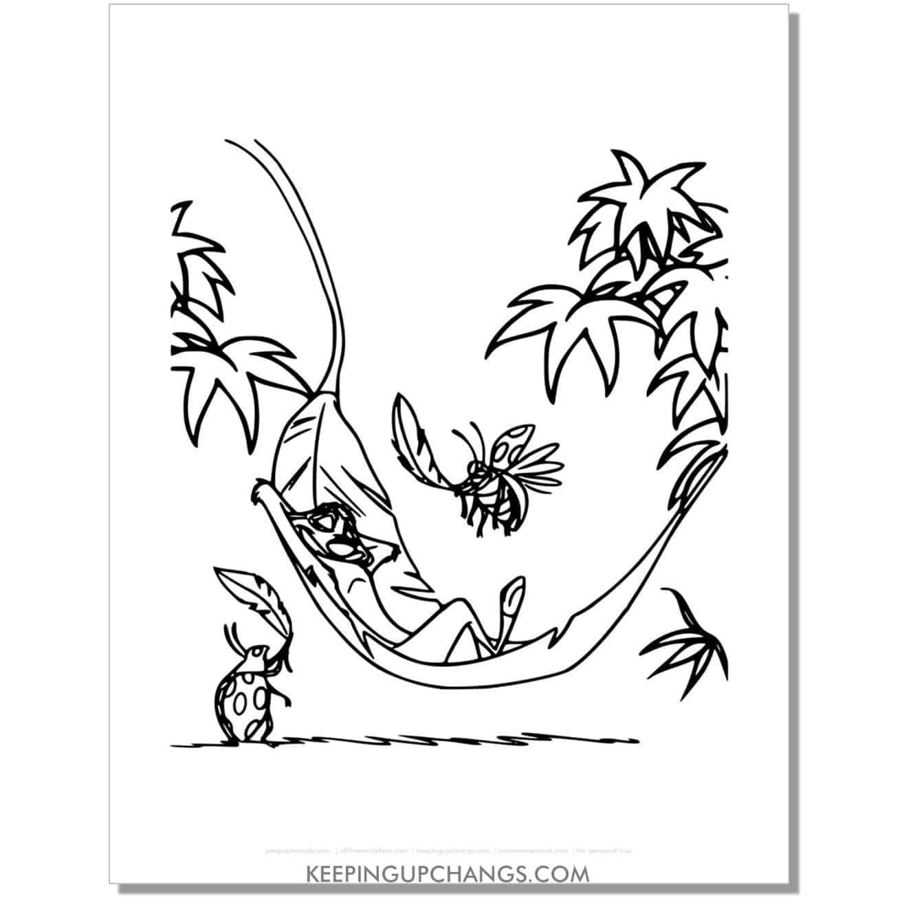 timon laying in leaf like hammock lion king coloring page, sheet.
