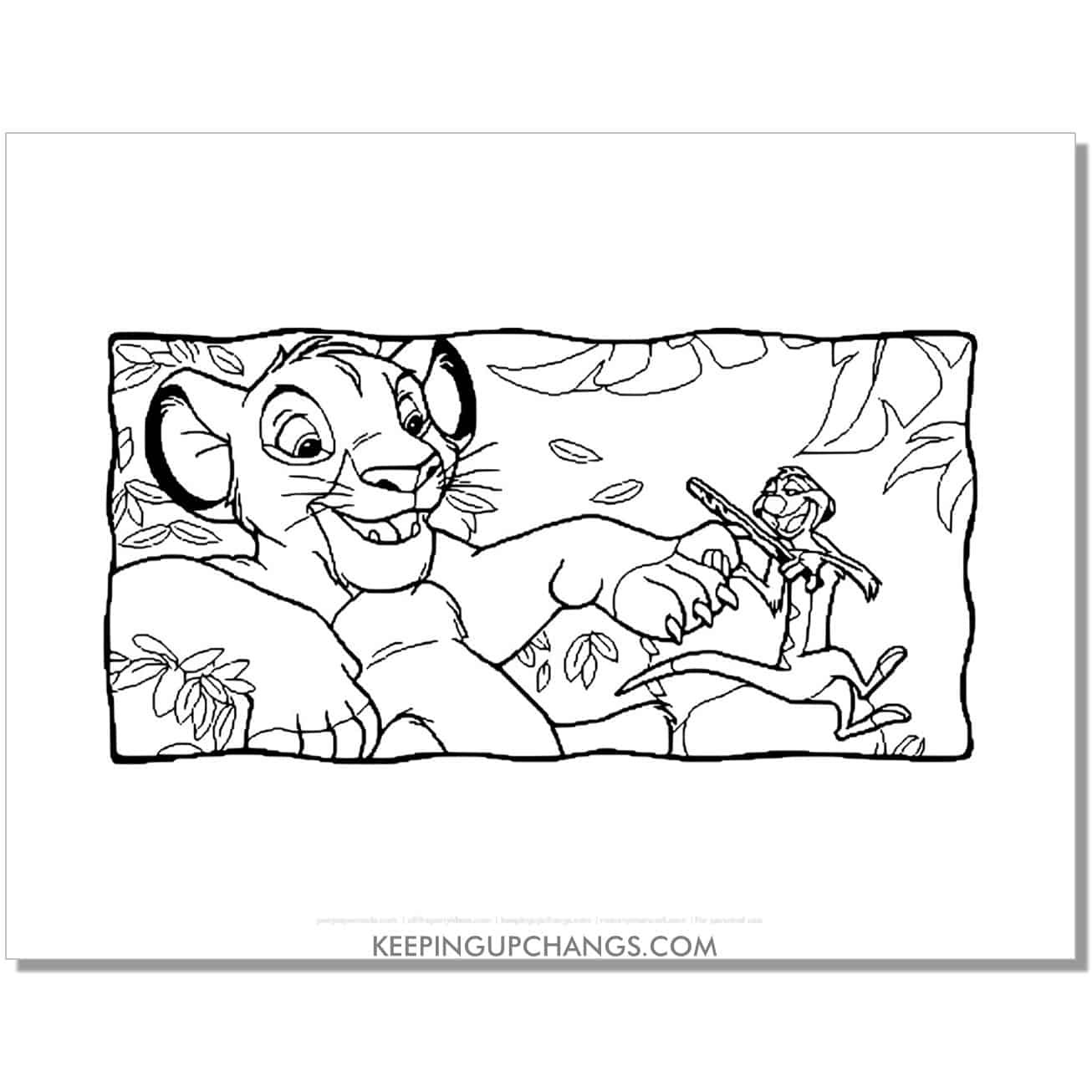 simba having nails filed by timon lion king coloring page, sheet.