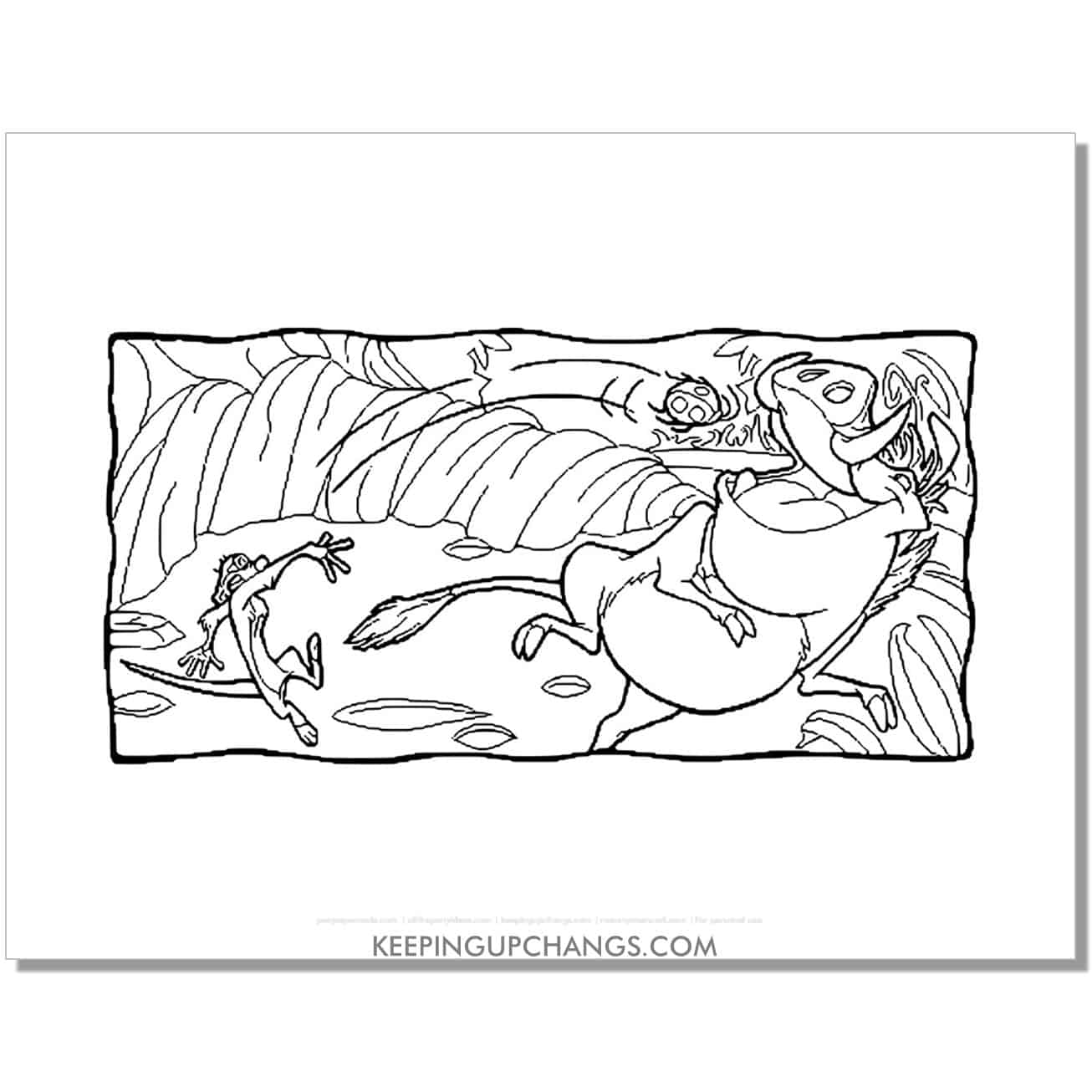 timon throws bug into pumbaa's mouth lion king coloring page, sheet.