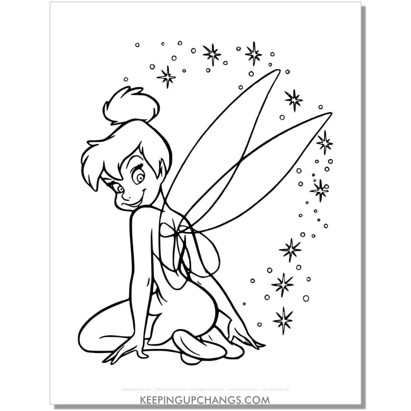 tinkerbell sits with back facing forward coloring page, sheet.