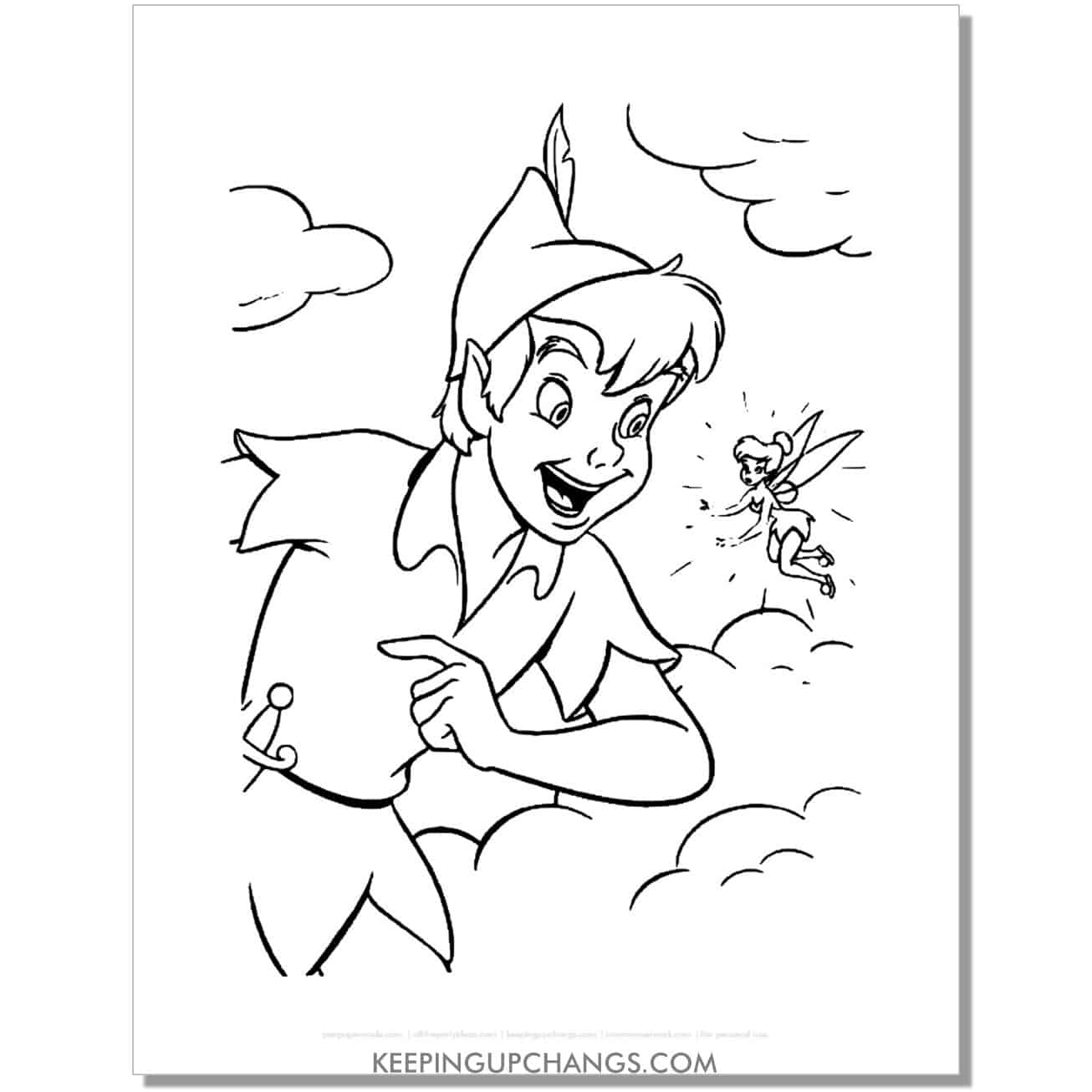 tinkerbell and peter pan among the clouds coloring page, sheet.