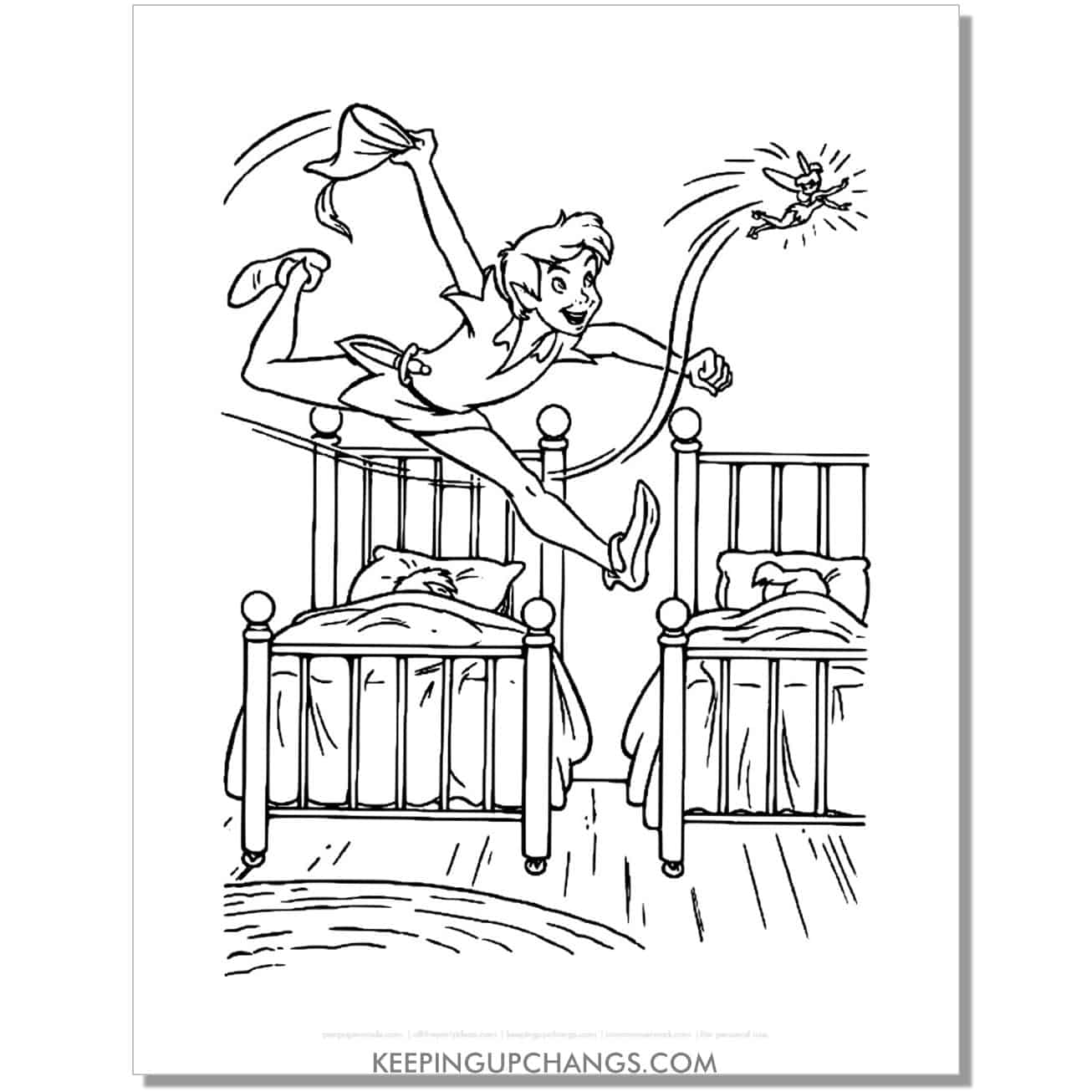 tinkerbell and peter pan in darling bedroom coloring page, sheet.