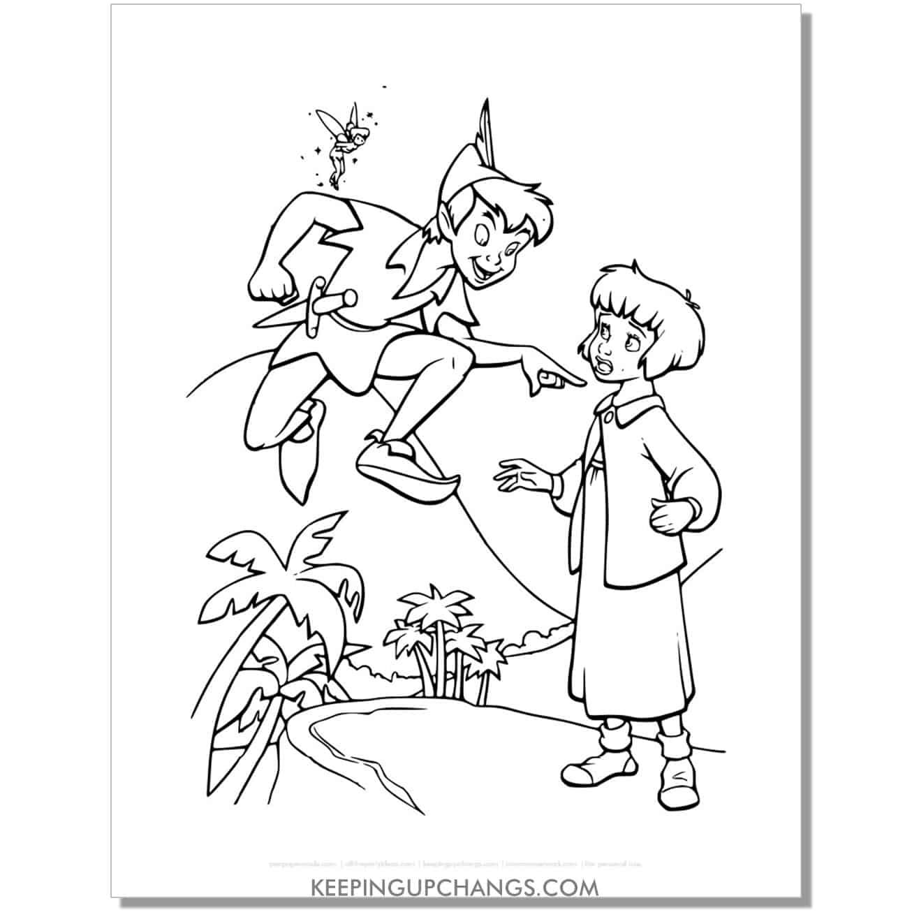 peter pan and tinkerbell with jane darling coloring page, sheet.