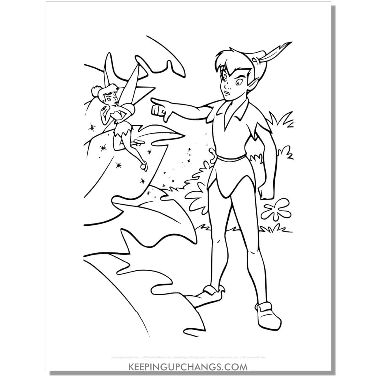 peter pan points to tinkerbell coloring page, sheet.