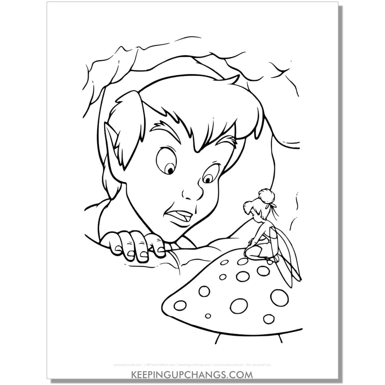 peter pan peers into tinkerbell's home in tree stump coloring page, sheet.