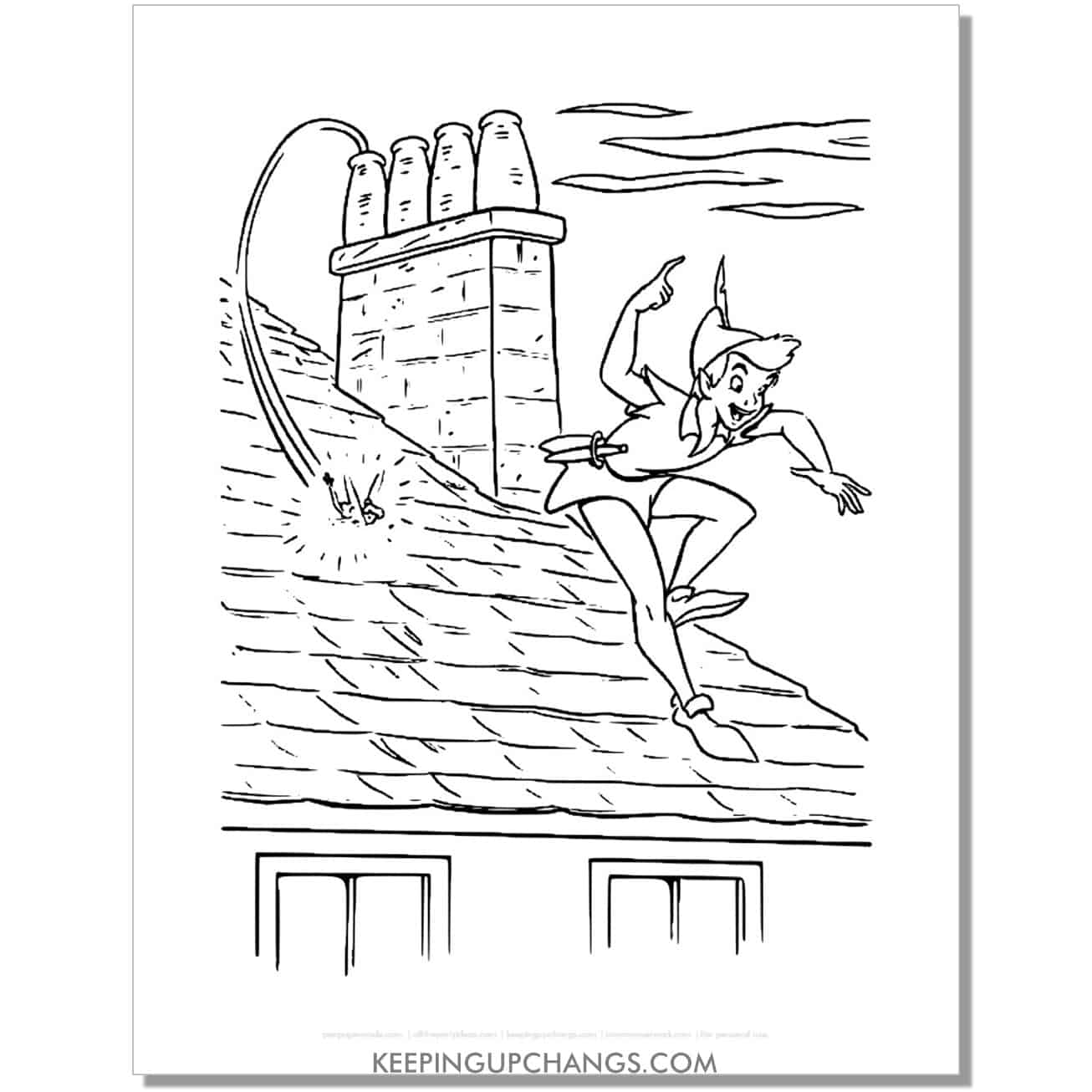 tinkerbell and peter pan on the rooftop coloring page, sheet.