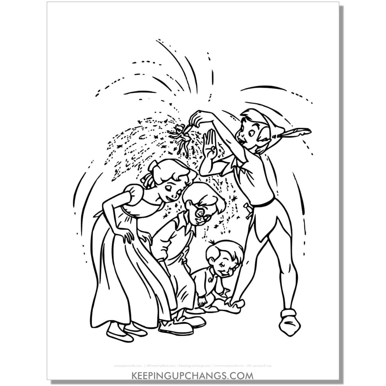 tinkerbell showering pixie dust on wendy, john, michael darling coloring page, sheet.