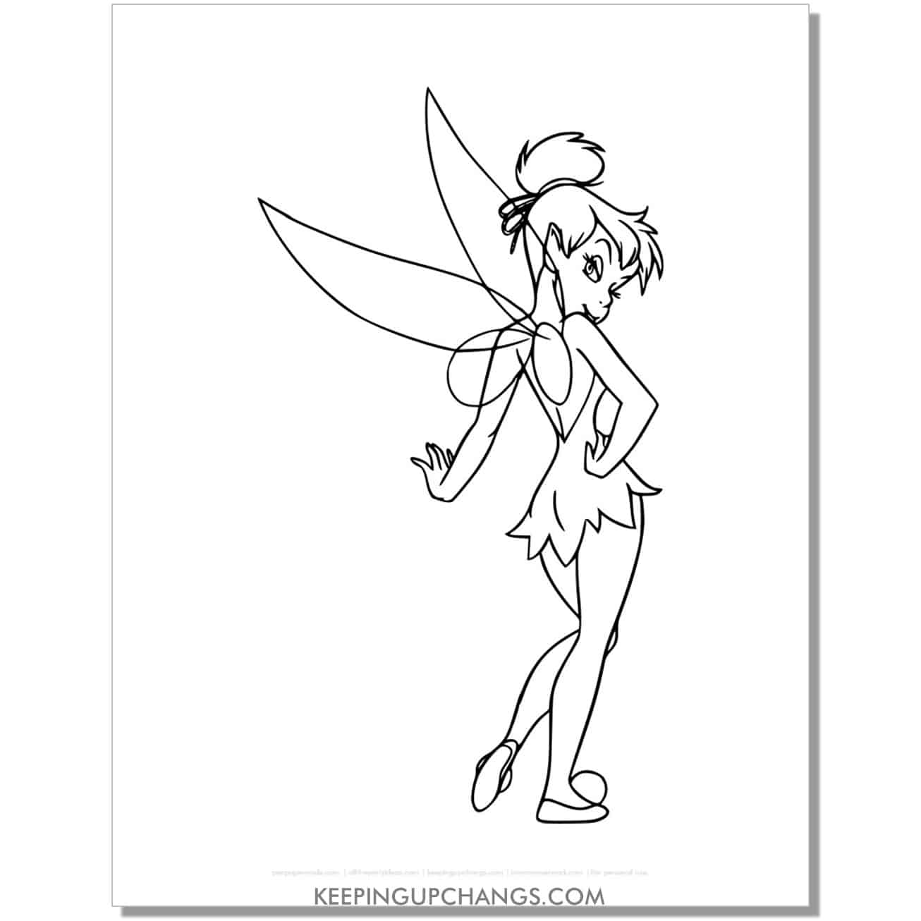 tinkerbell standing with one leg bent coloring page, sheet.