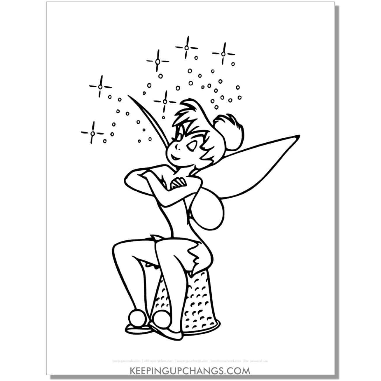 tinkerbell sitting on thimble coloring page, sheet.