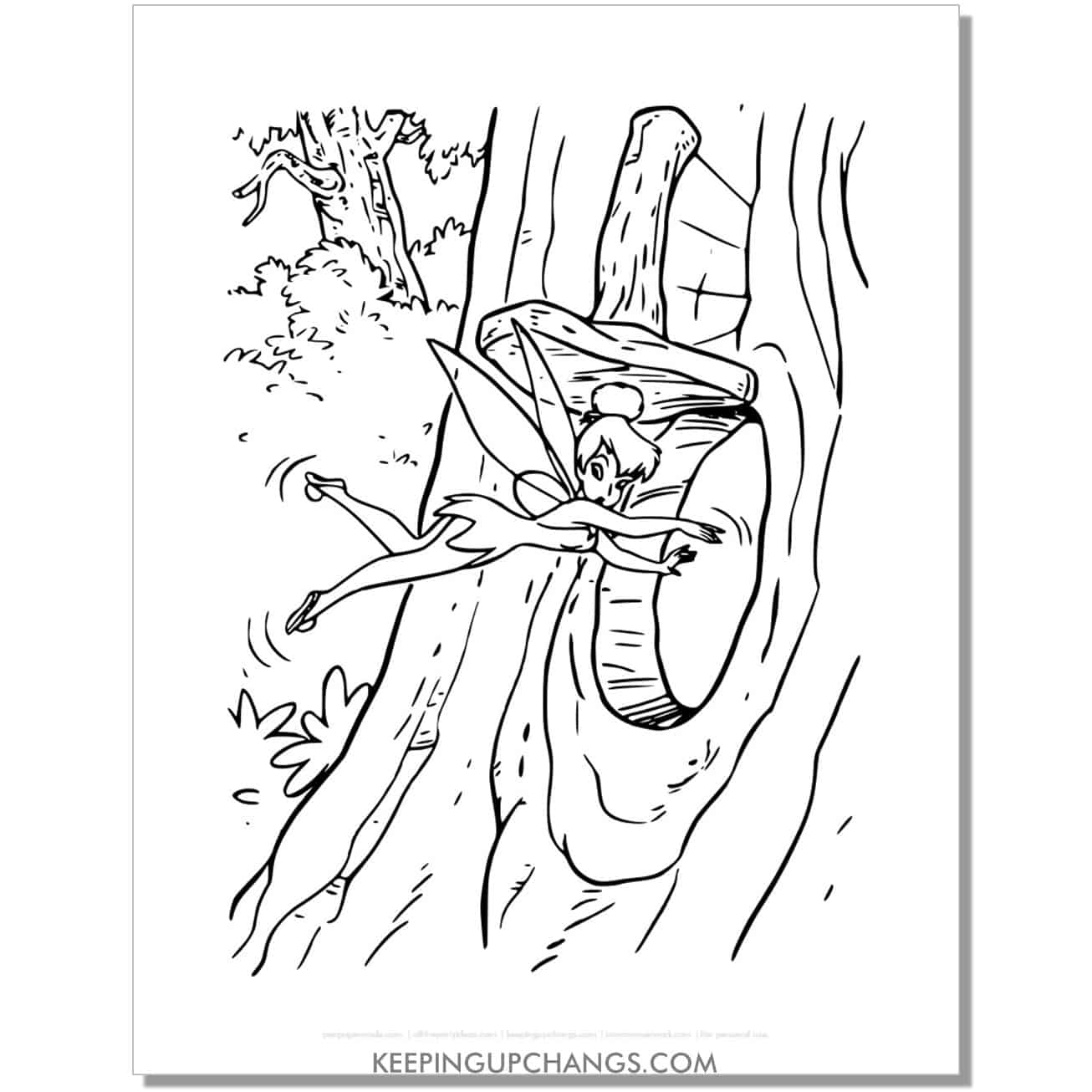 tinkerbell flies into home in tree coloring page, sheet.