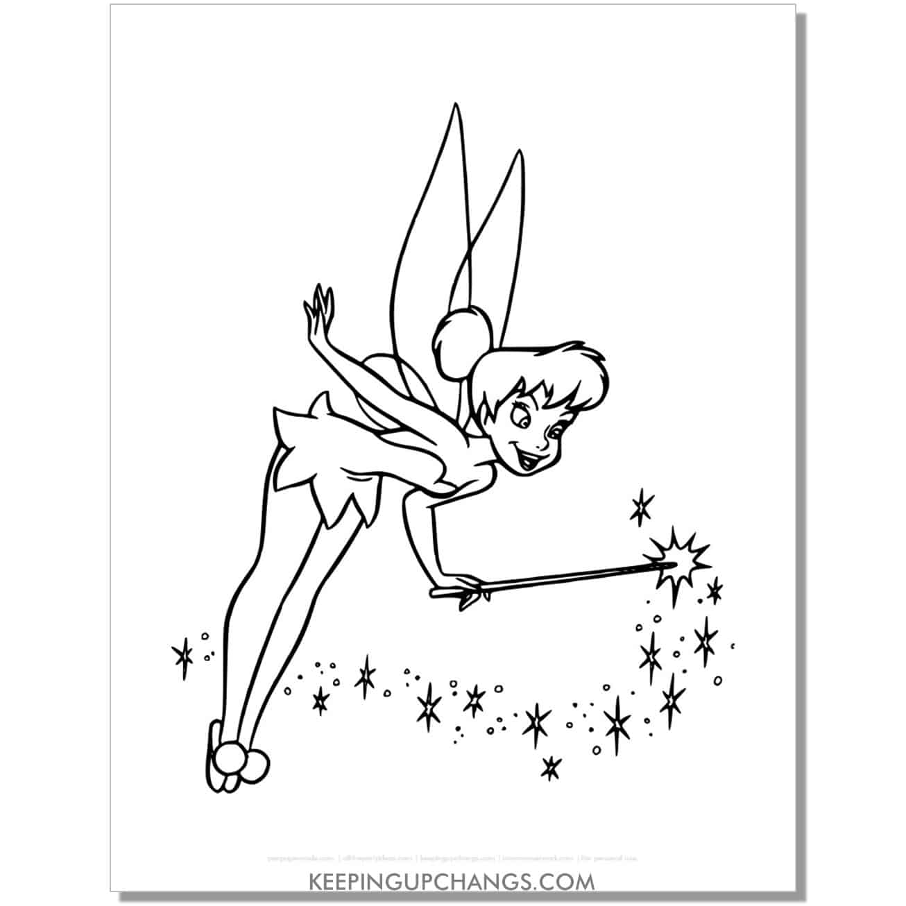 tinkerbell with fairy wand waving pixie dust coloring page, sheet.