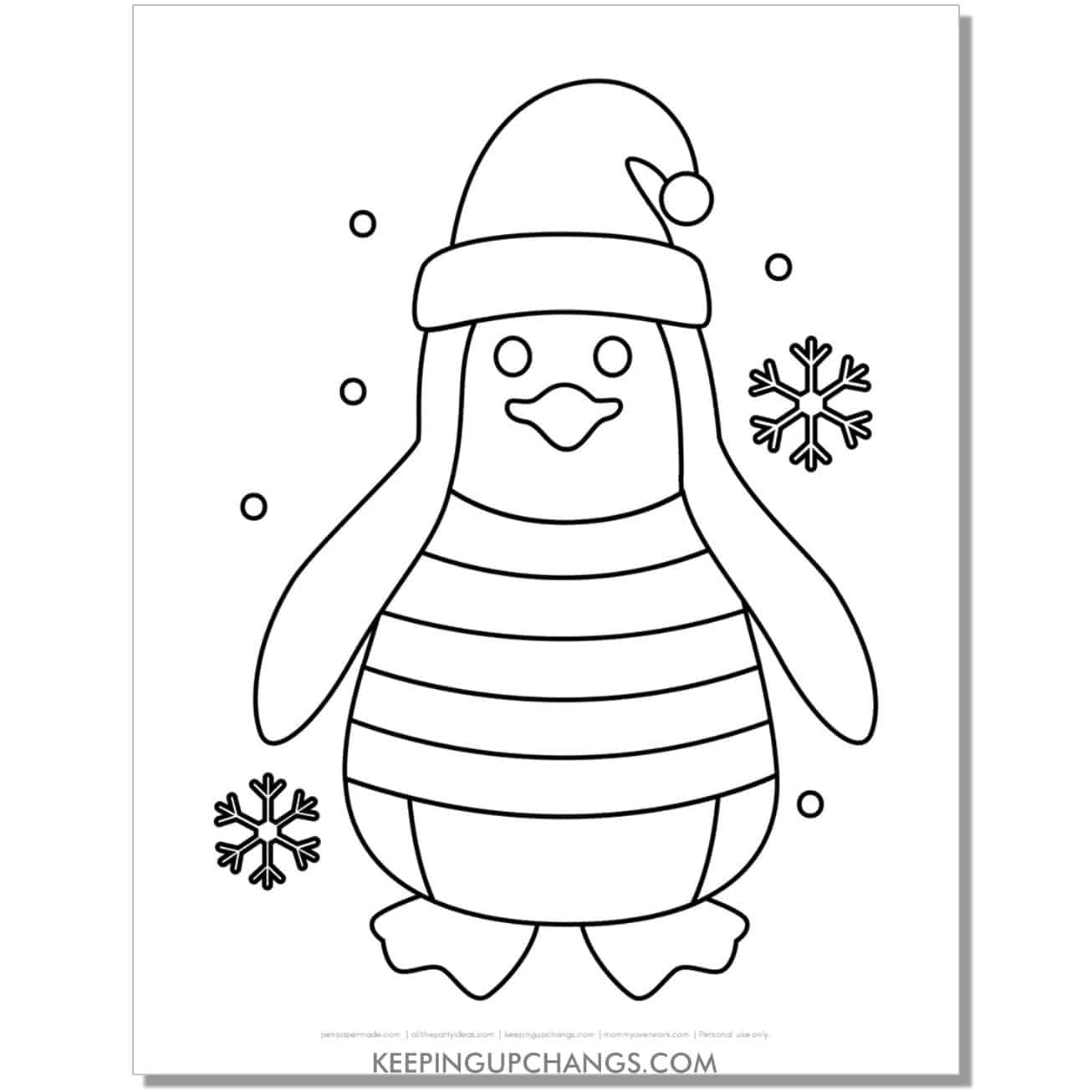 free simple penguin with sweater, hat coloring page.