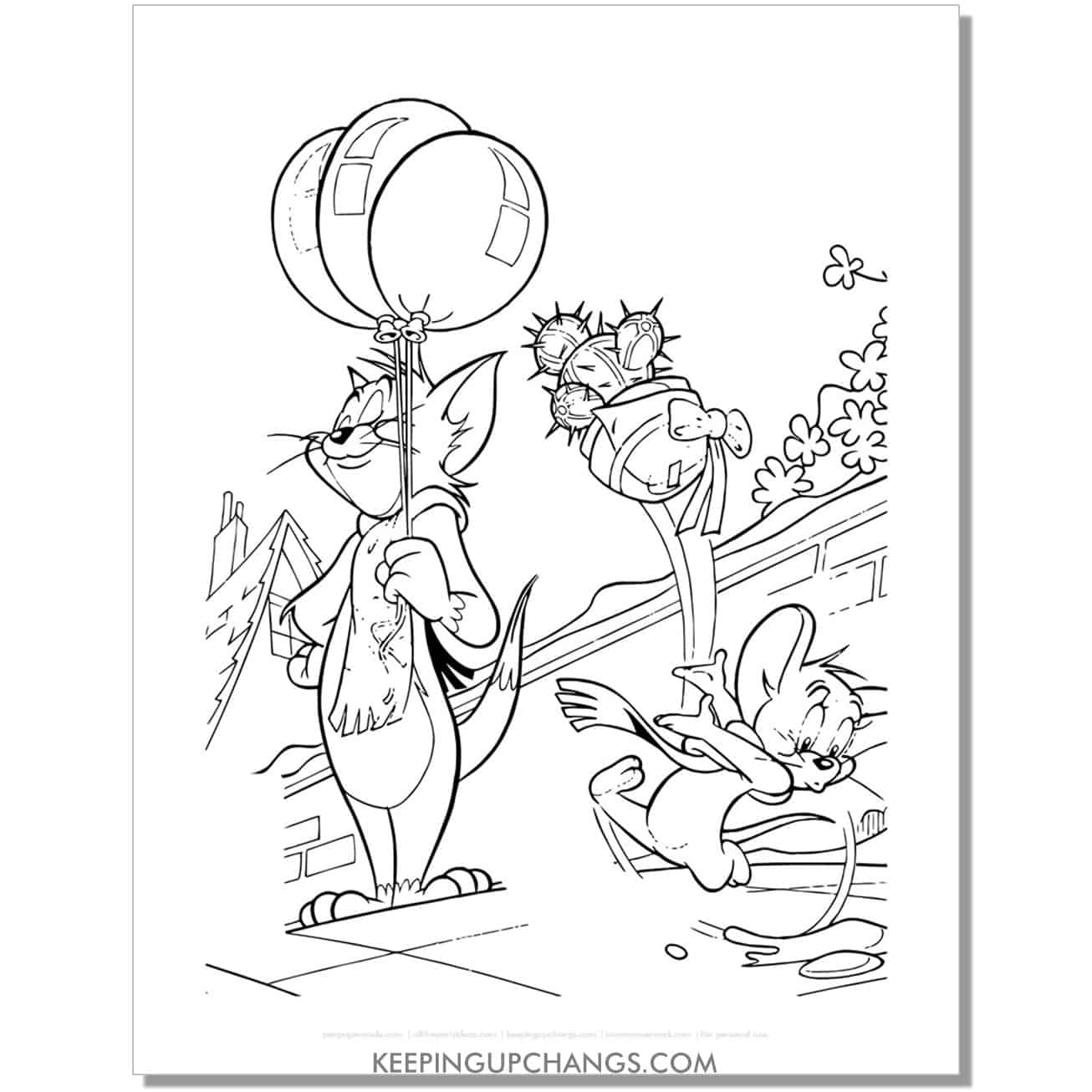 free tom and jerry balloon and cactus coloring page.