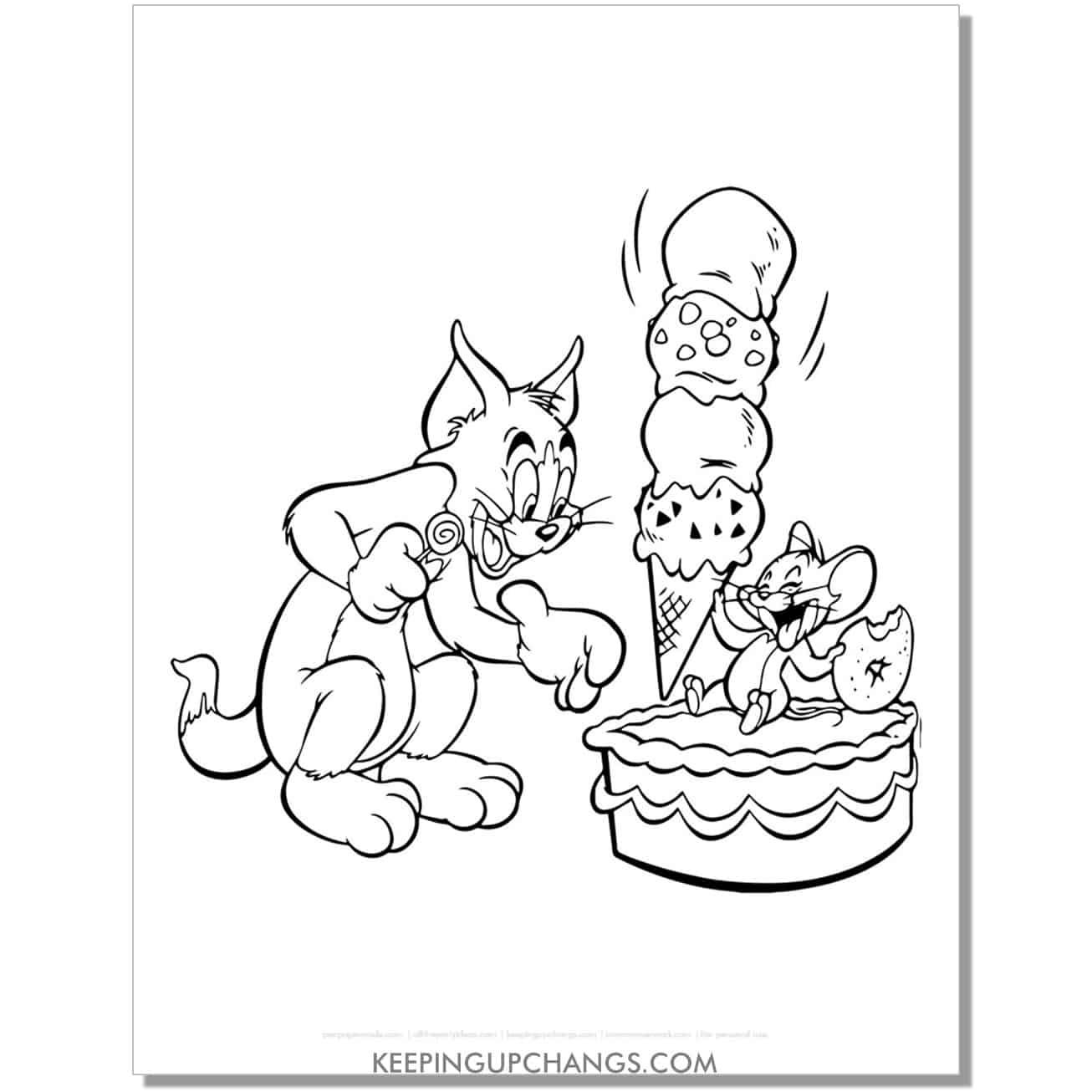 free tom and jerry ice cream, cake, donut coloring page.