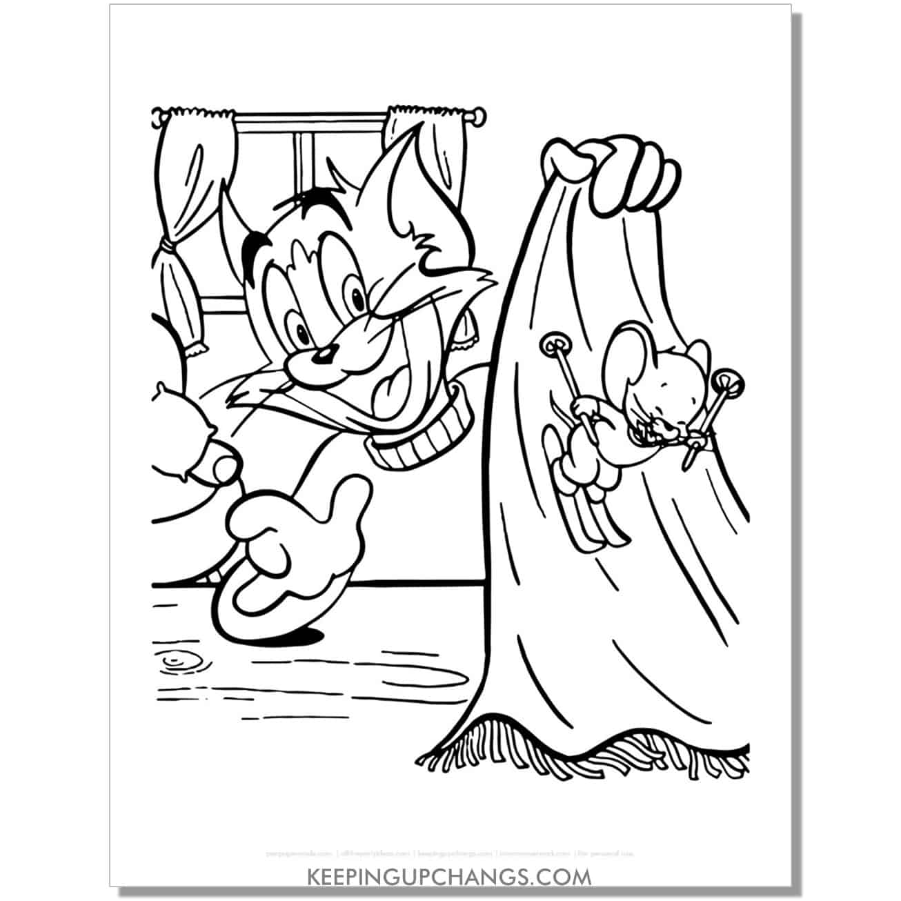free tom and jerry skiing down curtain coloring page.