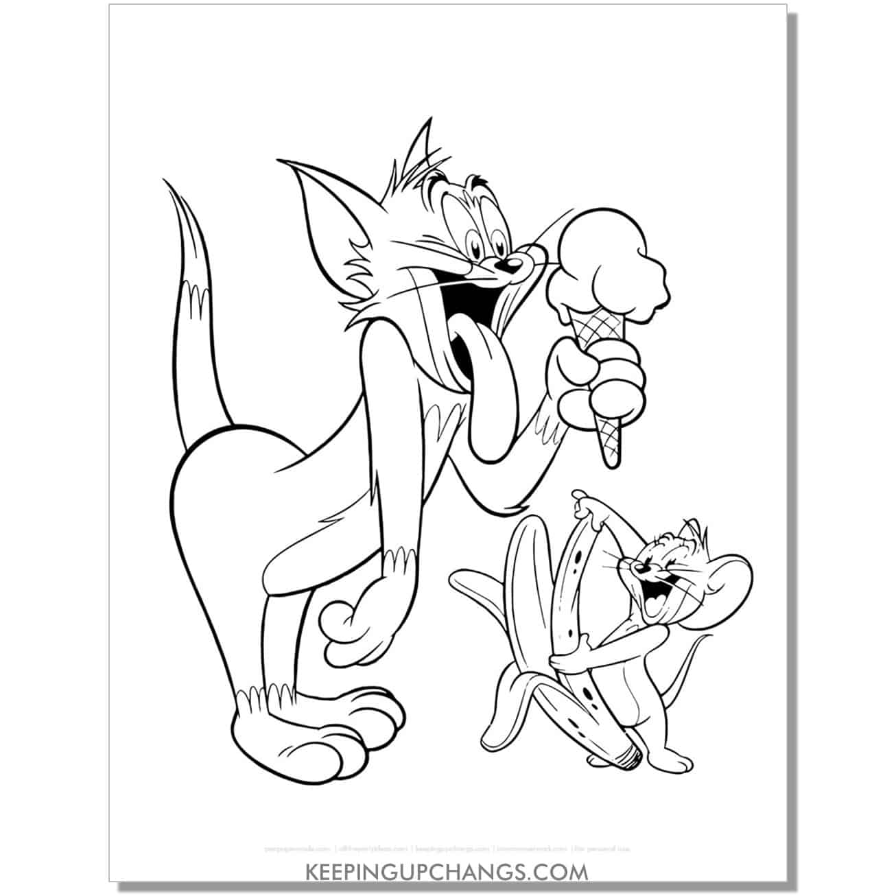 free tom and jerry ice cream and banana treat coloring page.