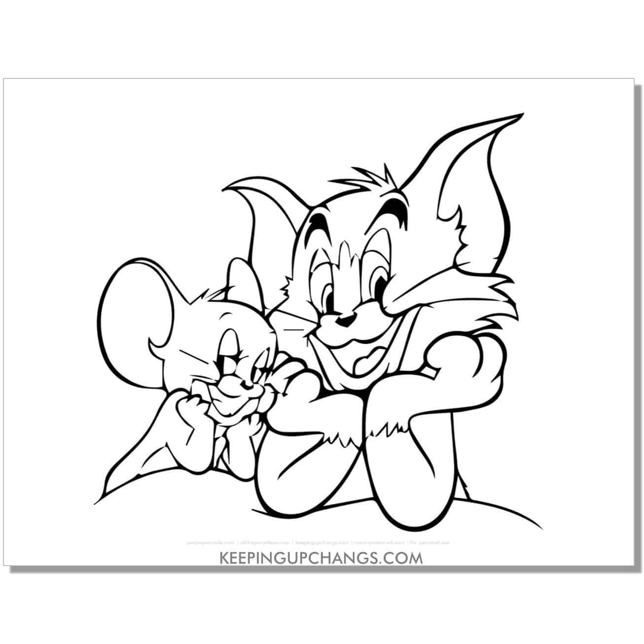 free tom and jerry with head in hands, leaning on elbows coloring page.
