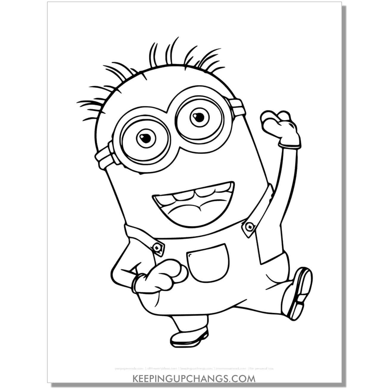 free two eyed minion with straggly hair coloring page, sheet.