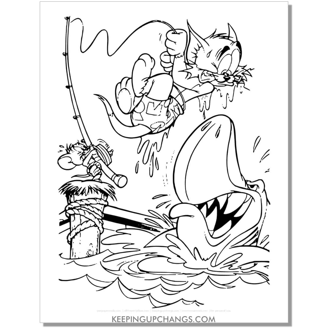 free tom and jerry almost eaten by shark coloring page.