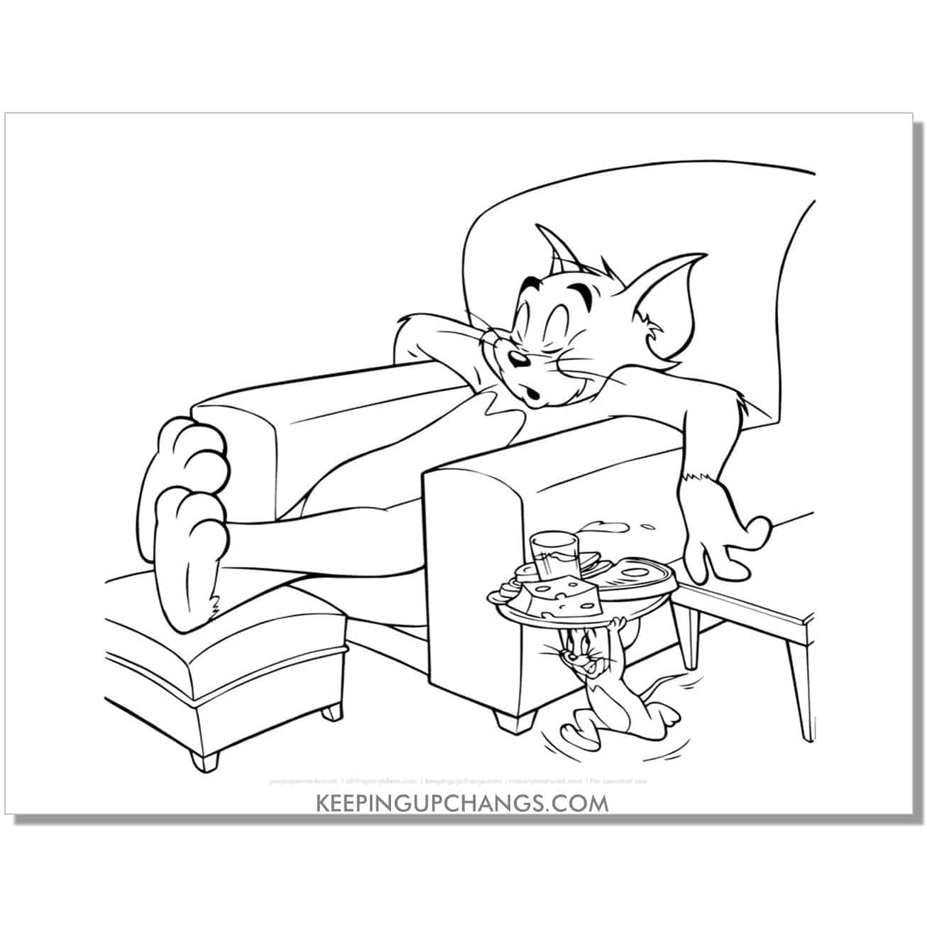 free tom sleeping in recliner and jerry whisking cheese away coloring page.