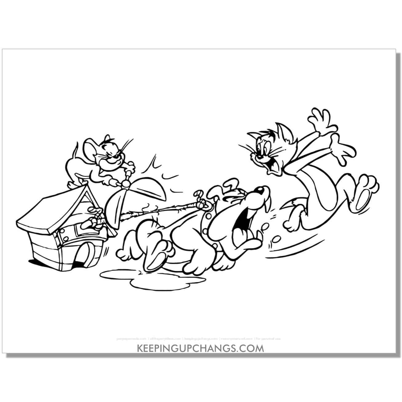 free tom and jerry chased by spike in doghouse coloring page.